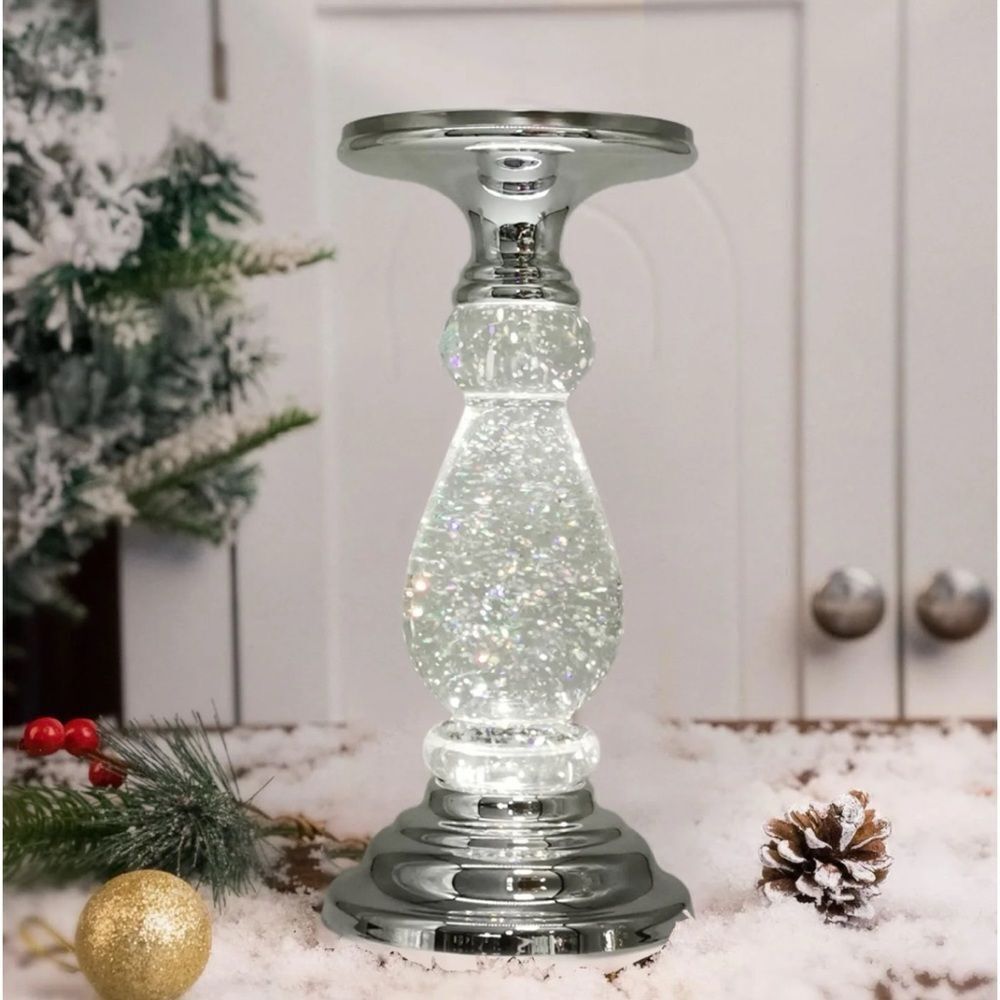 BATH & BODY WORKS SILVER LED SWIRLING GLITTER PEDESTAL CANDLE HOLDER~ Pristine